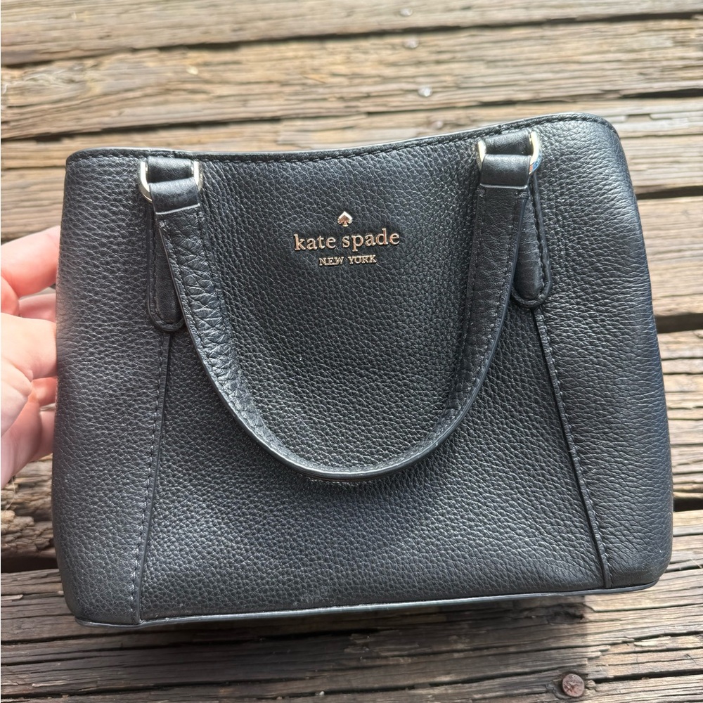 kate spade Black Pebbled Leather Small Satchel with Gold Logo
